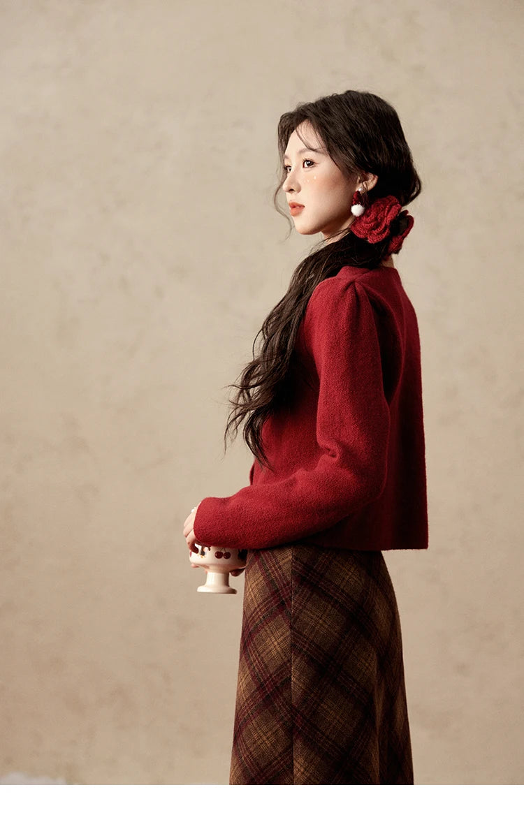 Mishow Red Cherry Ornament Slim V-Neck Cardigan MXD112Z1006