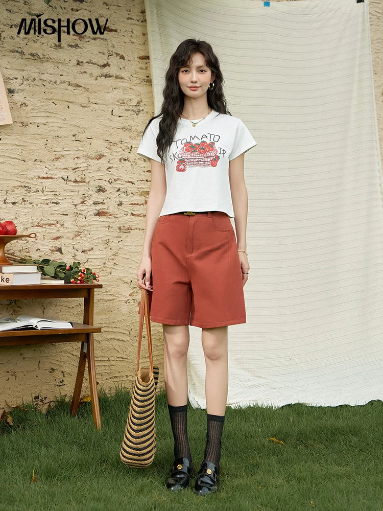 MISHOW Red Casual Shorts High Waist Loose Straight Leg Pockets MXD25K0679
