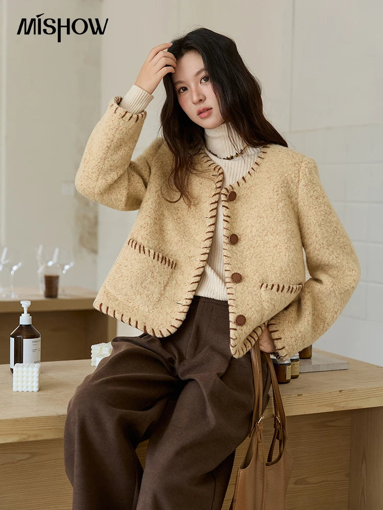 Mishow Apricot Round Neck Wool Blend Coat MXE88W0885