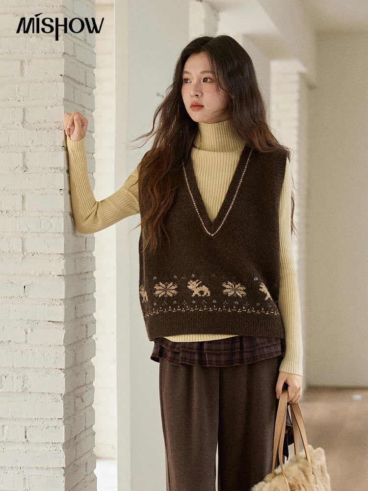 Mishow Retro Brown Jacquard V-Neck Sweater Vest MXE86Z2659