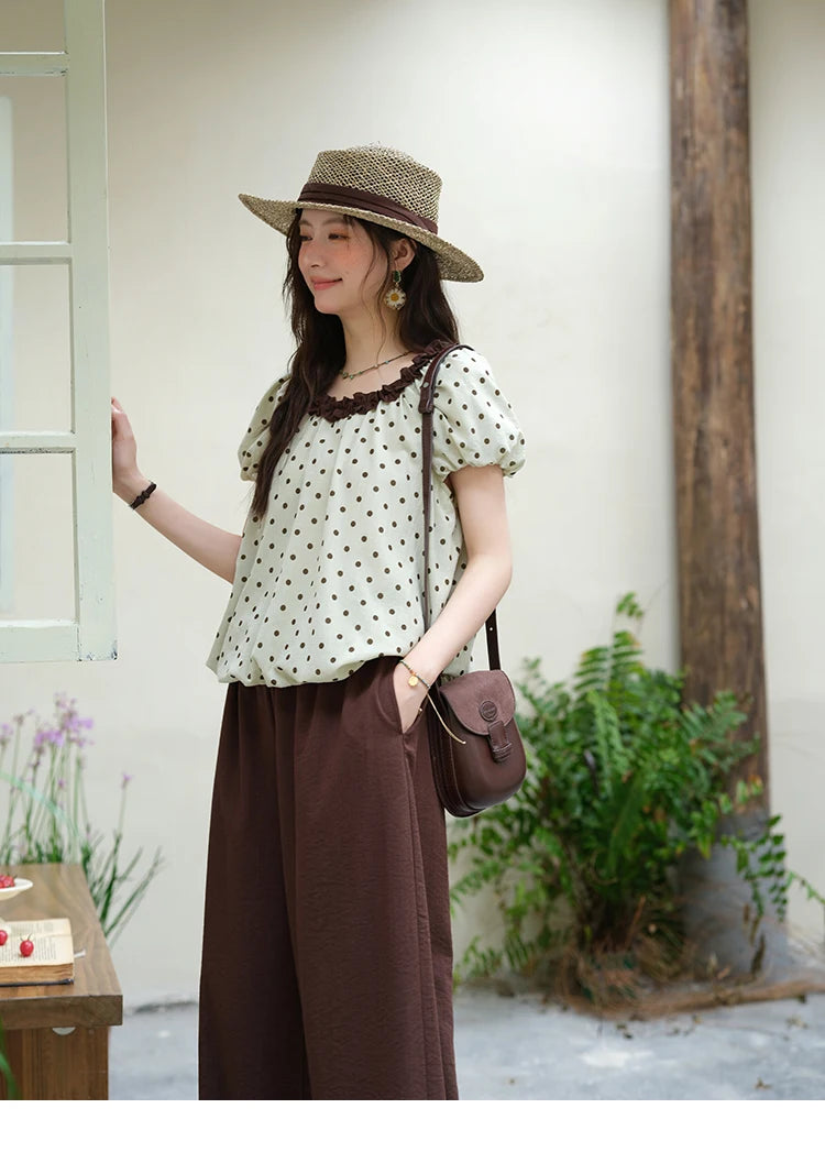Mishow Polka Dot Puff Sleeve Top & Wide Leg Pants Set MXE39T0657