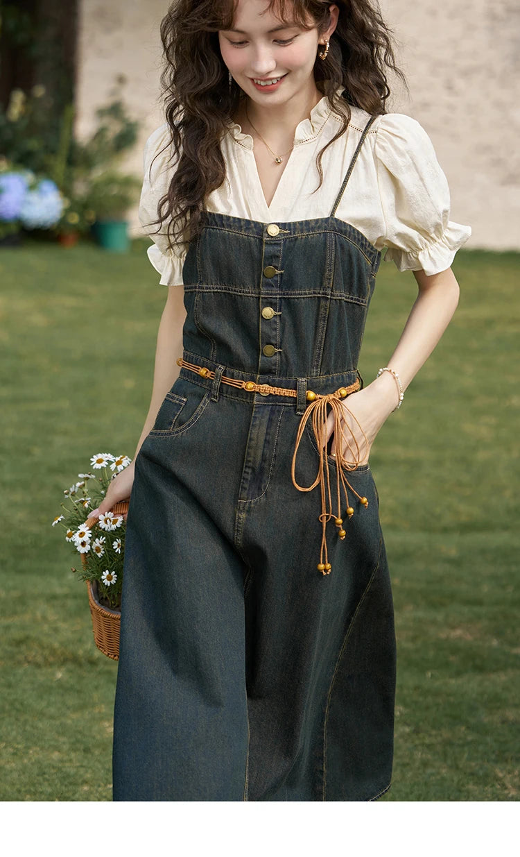 MISHOW Denim Suspender Dress & Puff Sleeve Blouse Set MXD21L1664