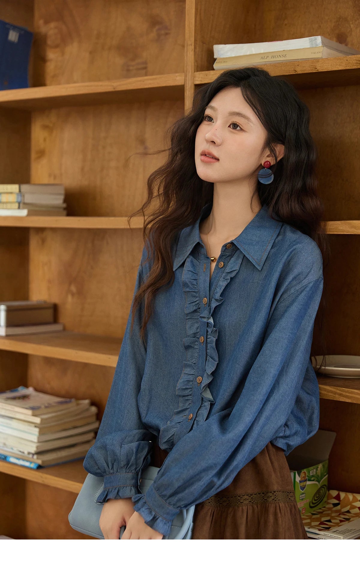 MISHOW Blue Lyocell Denim Shirt Ruffled Placket Waist Cinc MXE43C2386