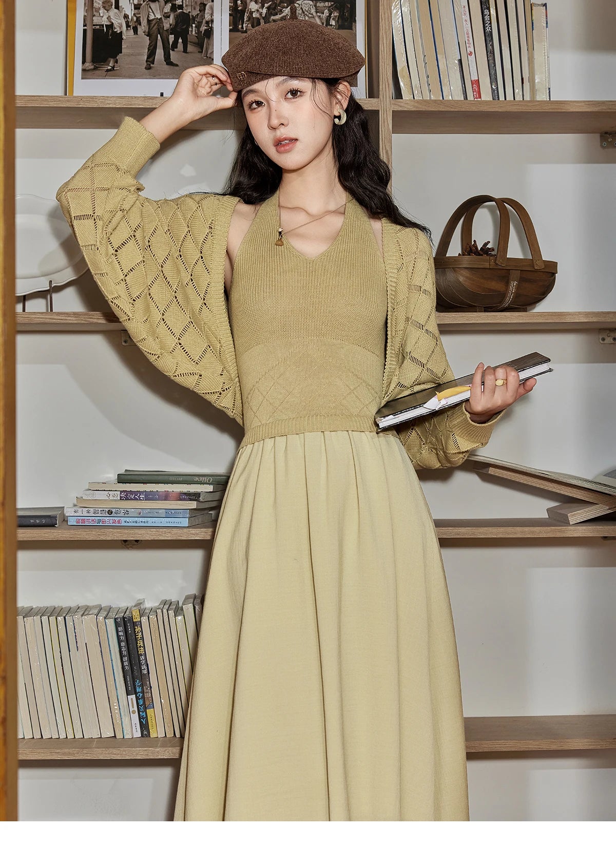 Mishow Hanging Neck Dress & Hollow Knit Cardigan Set MPD42L2040