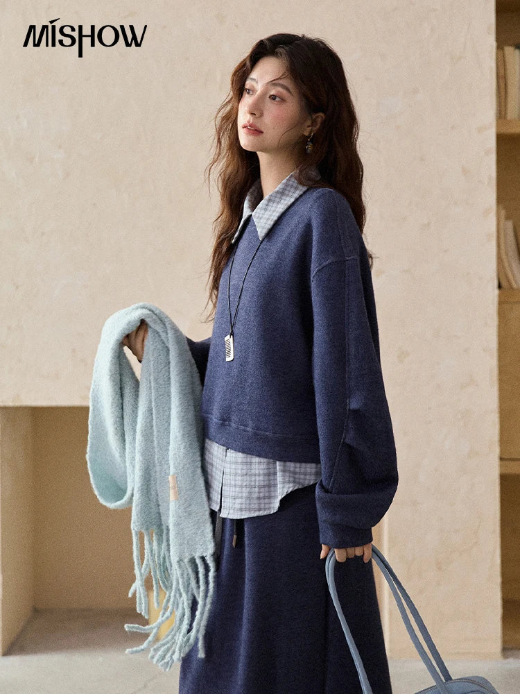Mishow Blue Plaid Knit Top & Straight Skirt Set MXE87T1445