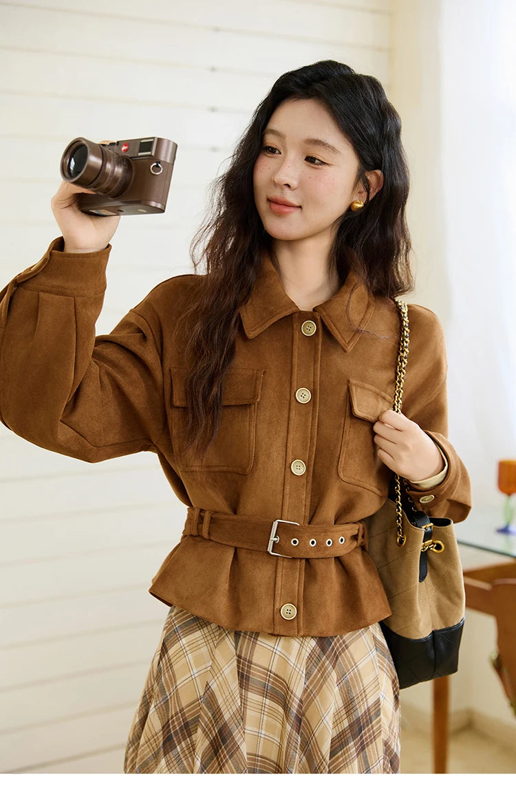 MISHOW Brown Lapel Jacket Metal Button Decorated Windproof MXE46W0864