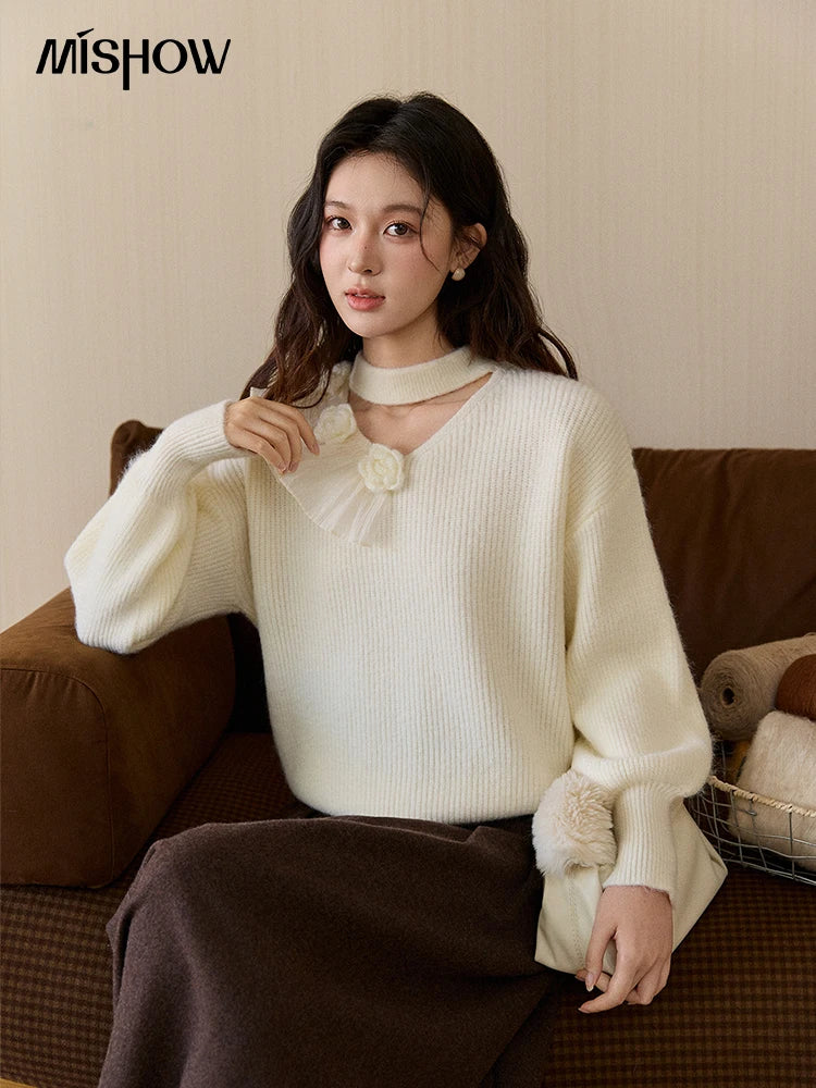 Mishow Cutout Neck Ruffle Flower Lantern Sleeve Pullover MXE94Z2982