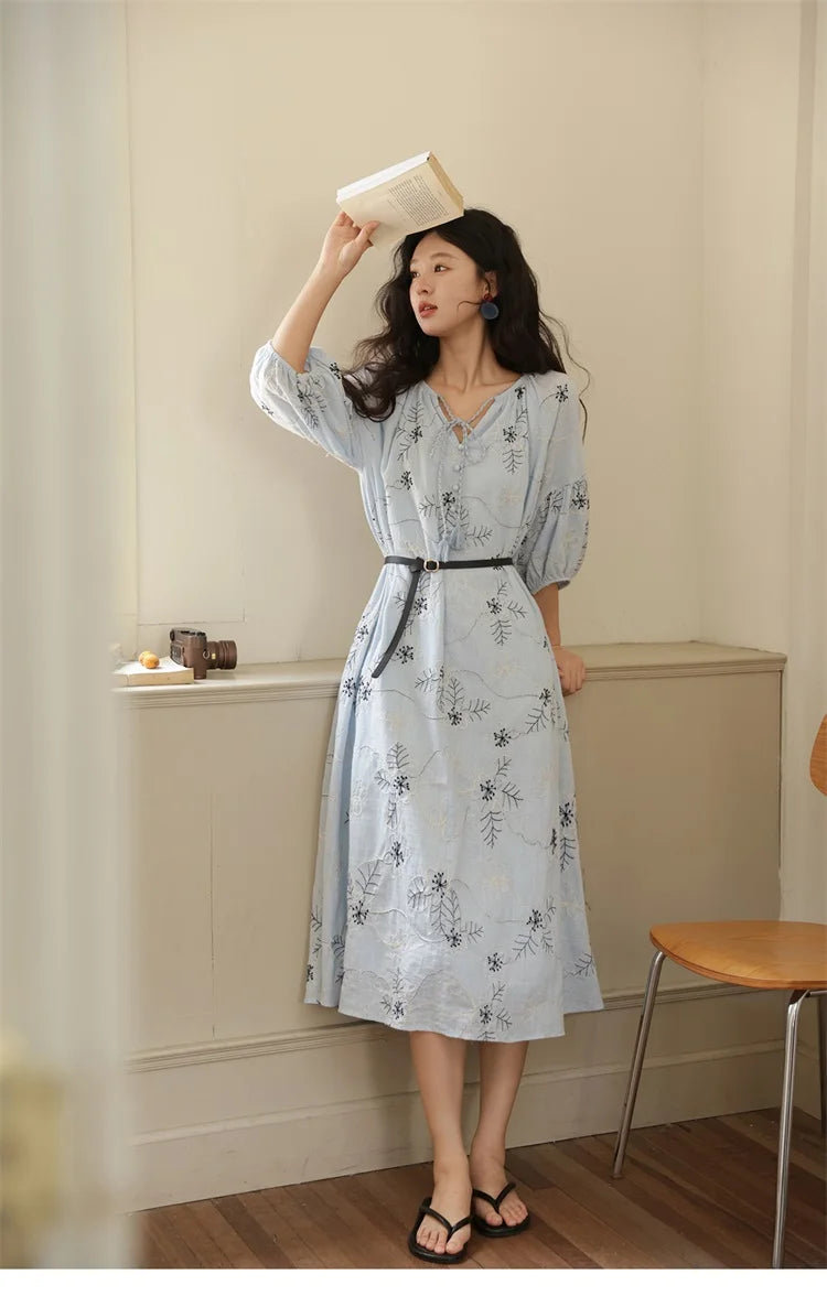 MISHOW Blue Flower Embroidered Lantern Sleeve Dress MXE42L2493