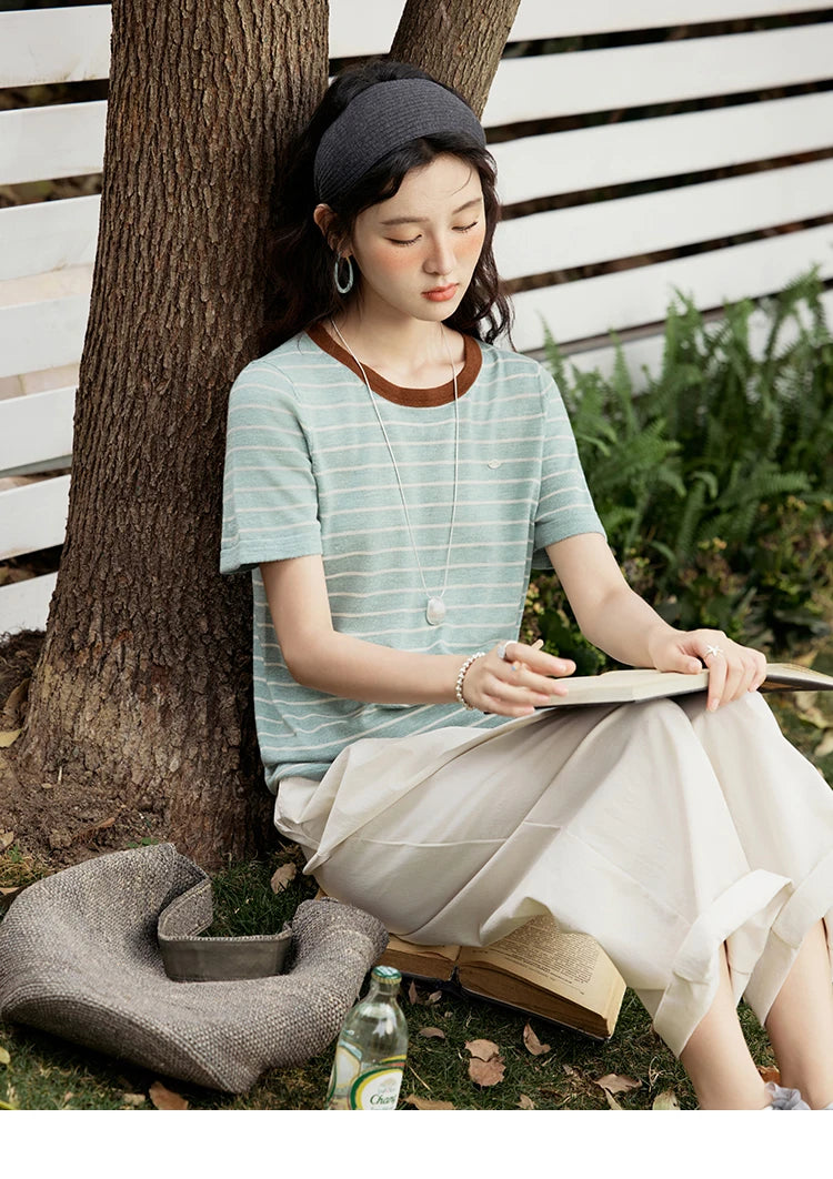 Mishow Striped Contrast Round Neck Tee MXE35Z1270