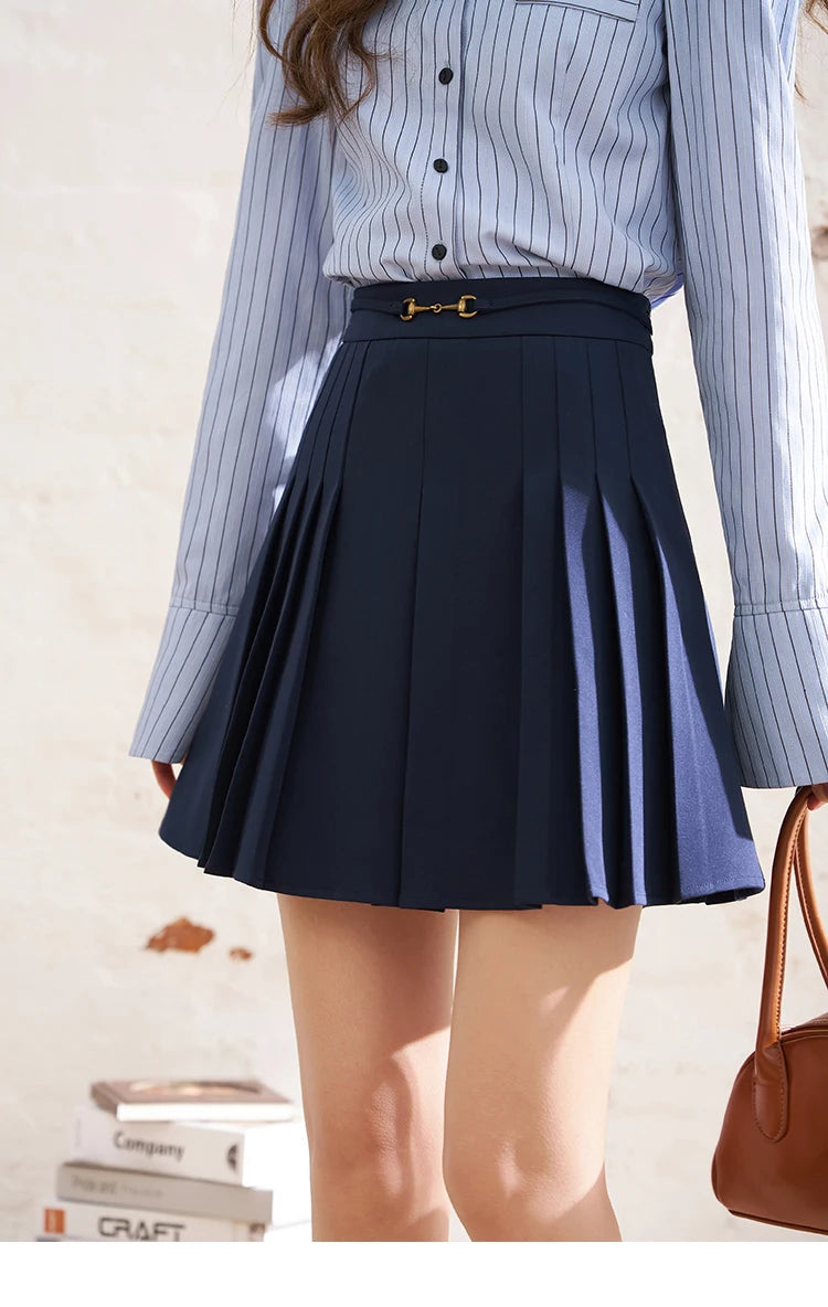 Mishow Dark Blue Pleated Metal Buckle A-Line Skirt MXD12B0224