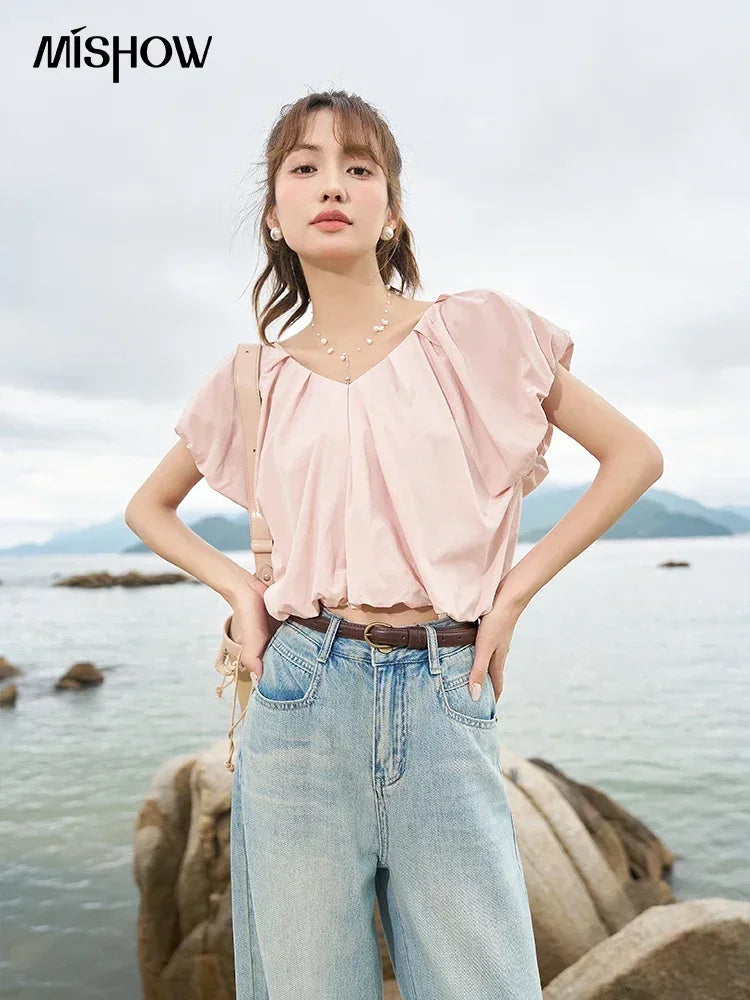 MISHOW French Rear Collar Tie Blouse V-Neck Puff Sleeve MXC38X1275