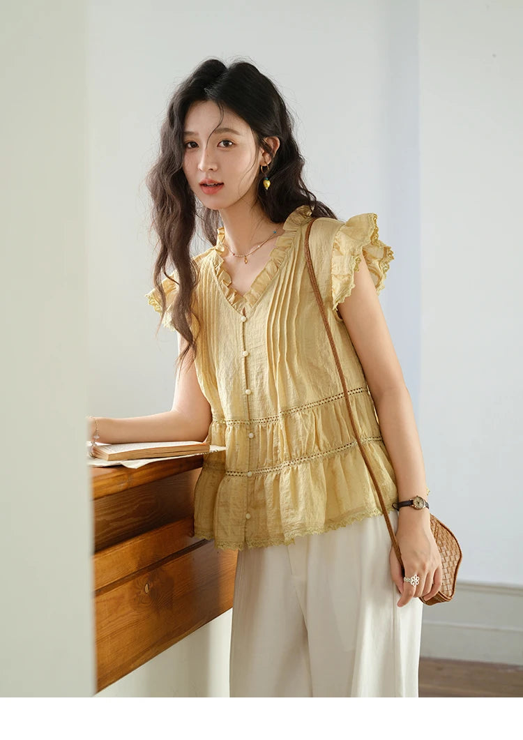 MISHOW Wood Ear V-Neck Shirt Flying Sleeve Wrinkle Spliced MXE37X1908