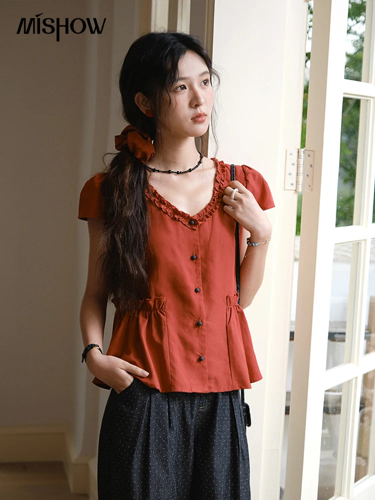 MISHOW Mushroom Edge V-Neck Blouse Button Short Sleeve MXE38X1867