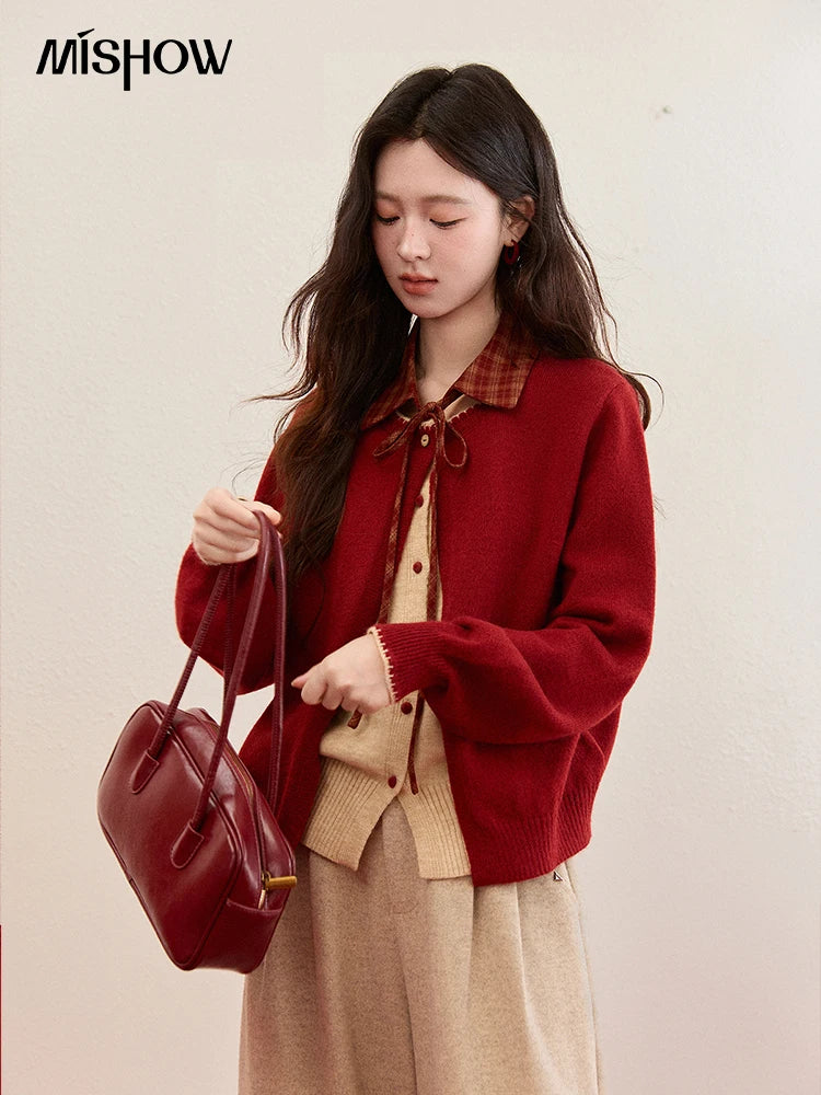 Mishow Color Block Fake Two-Piece Removable Collar Cardigan MXE93Z2816