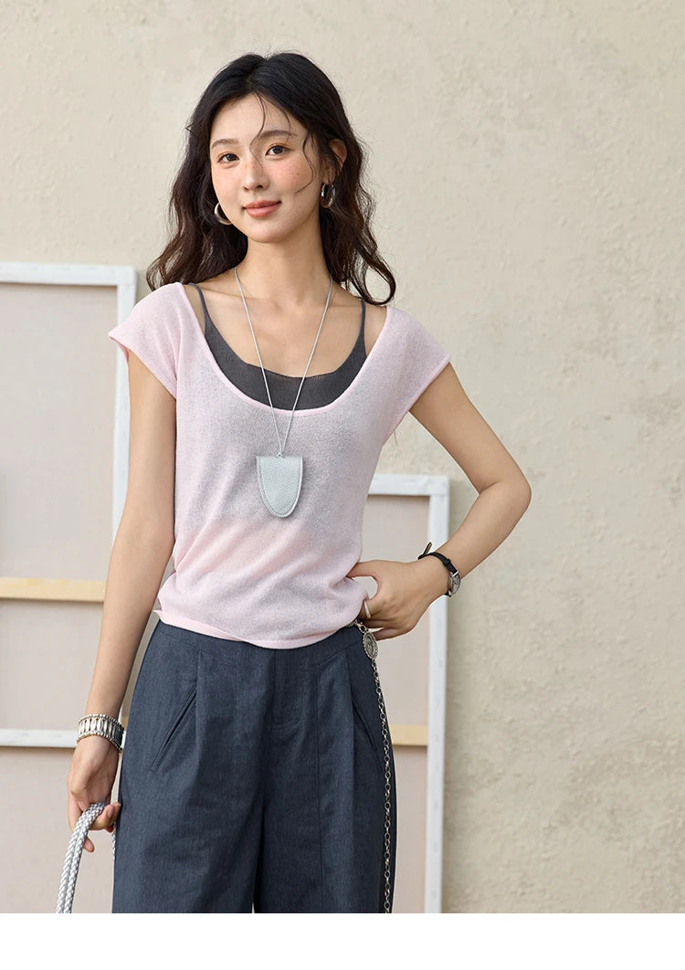 Mishow Linen Contrast Fake Two-Piece Knit Tee MXE36Z1277