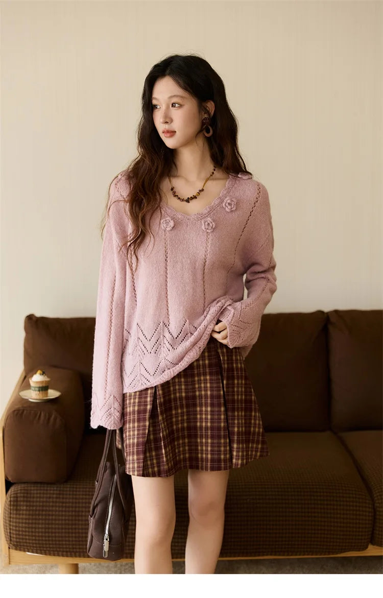 Mishow Purple Hollow Wave V-Neck Crochet Pullover MXE45Z1391
