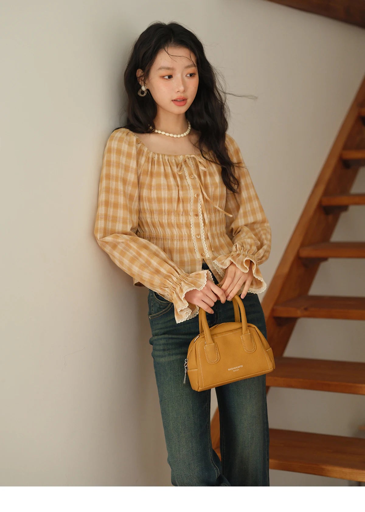 MISHOW Yellow Plaid Blouse Square Neck Puff Sleeve MXE43X1986