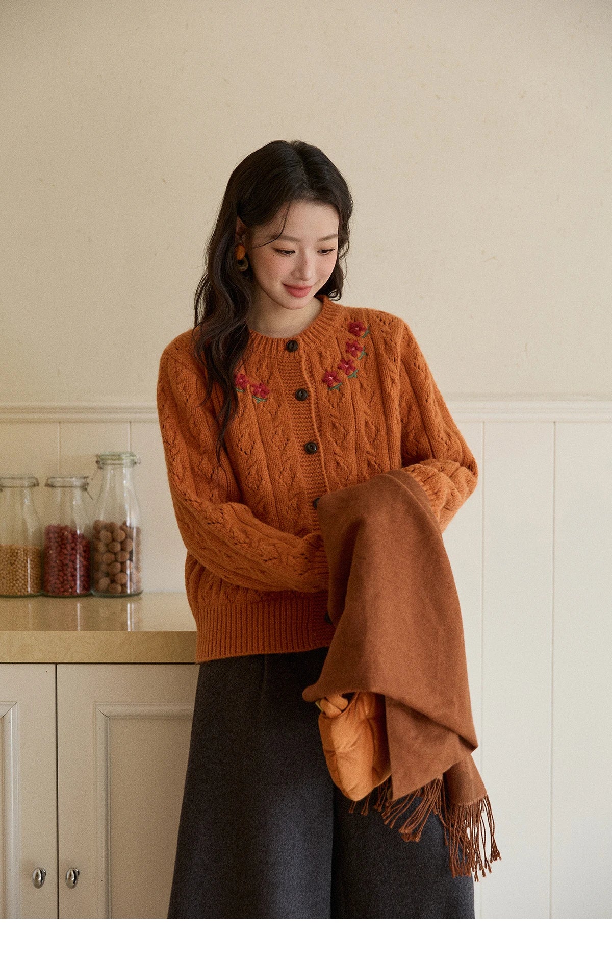 Mishow Orange Cable Knit Floral Embroidery Cardigan MXE86Z2737
