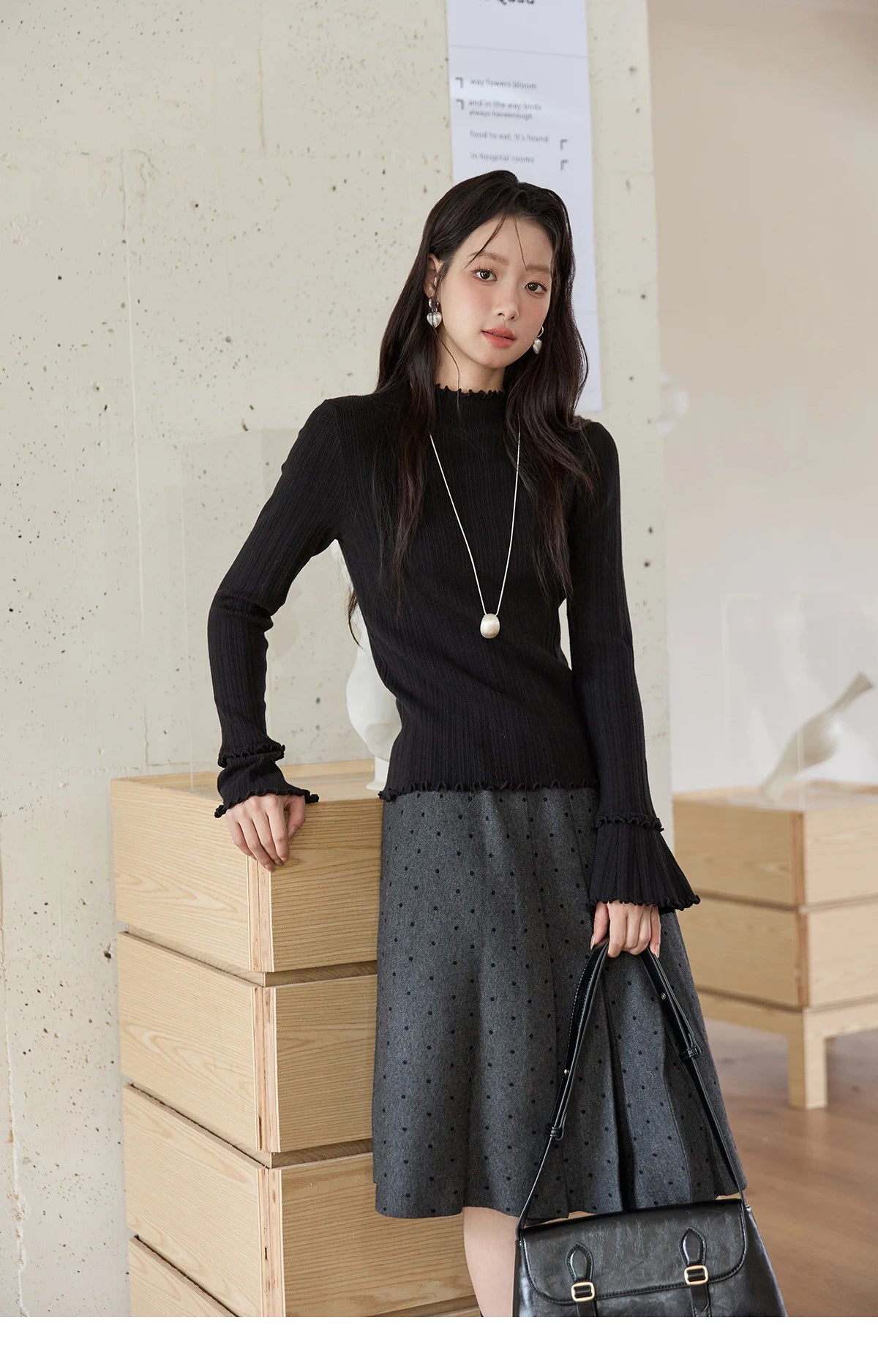 Mishow Turtleneck Wood Ear Trumpet Sleeve Top MXE51Z2552