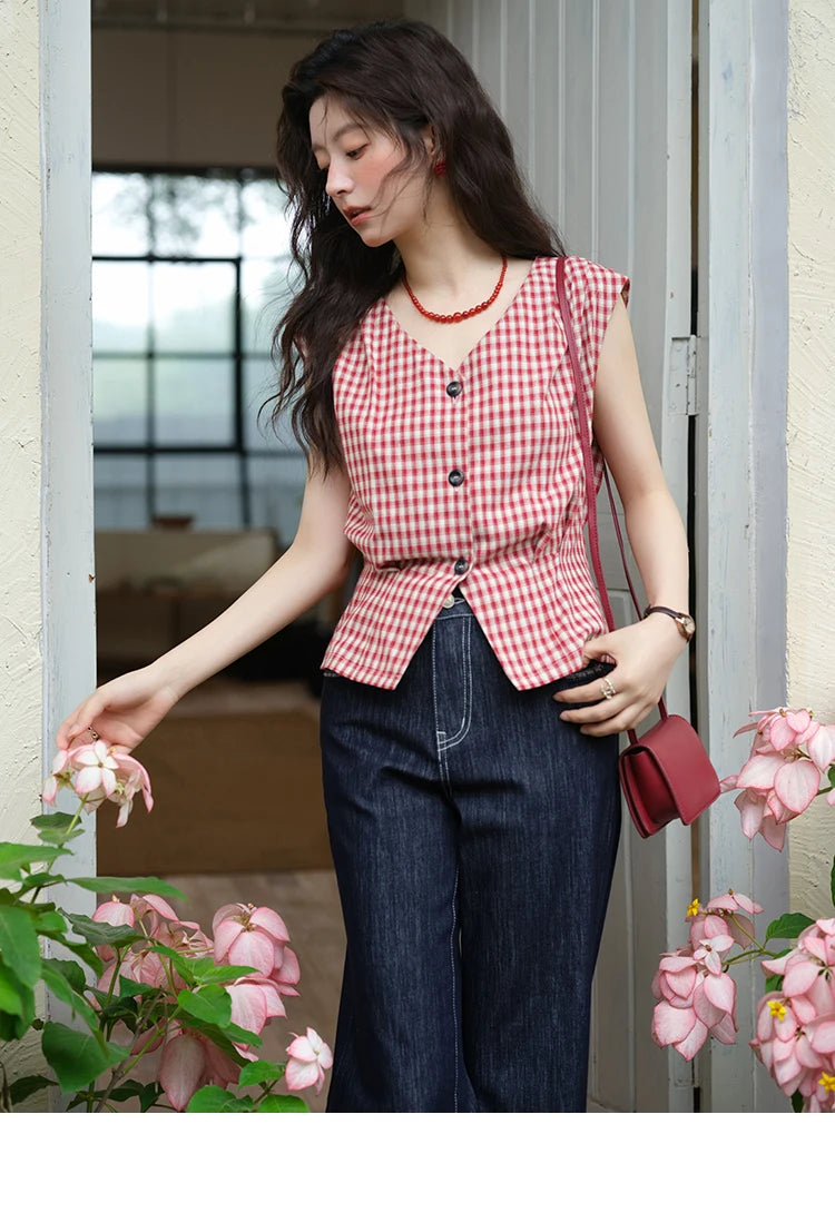 MISHOW Red Plaid V-Neck Shirt Button Front MXE37X1921