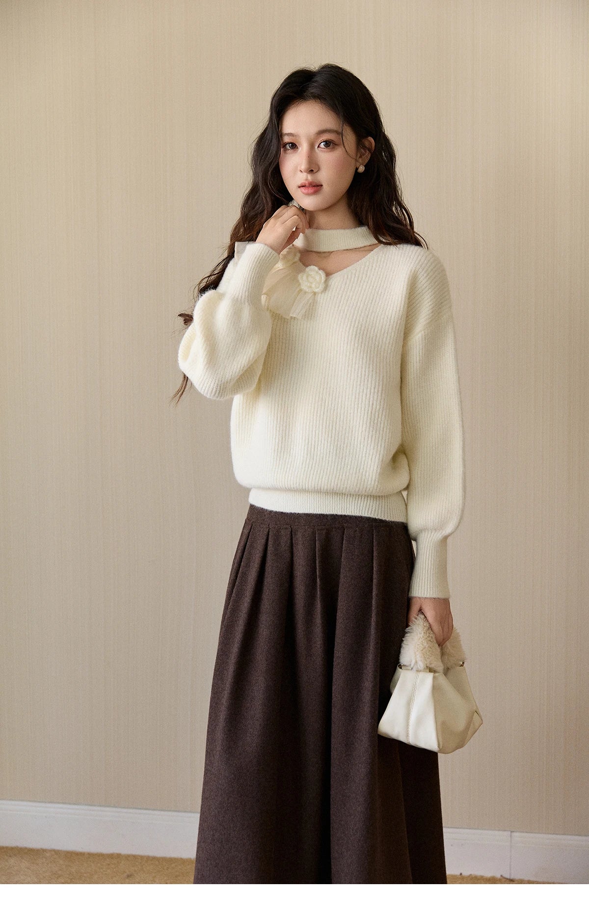 Mishow Cutout Neck Ruffle Flower Lantern Sleeve Pullover MXE94Z2982