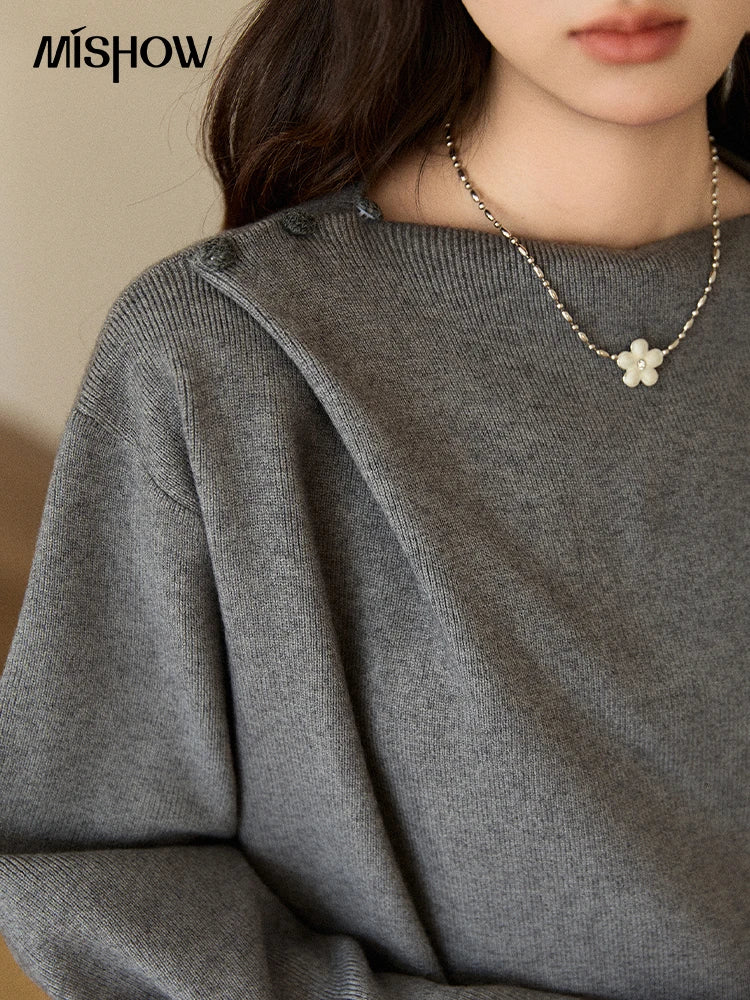 Mishow Gray French Diagonal Placket Knit Pullover MXE86Z2744