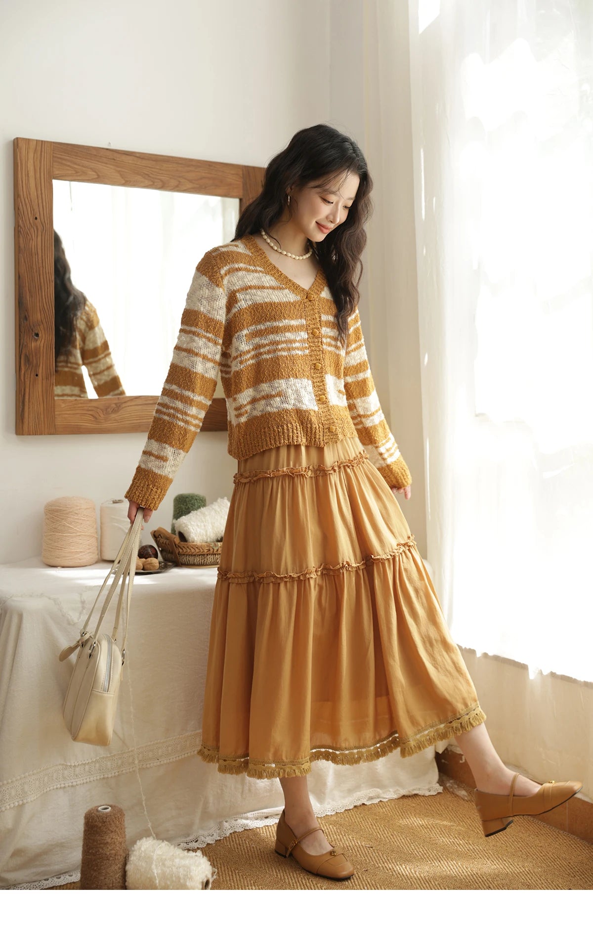 Mishow Retro Yellow Striped V-Neck Cardigan MXE44Z2516