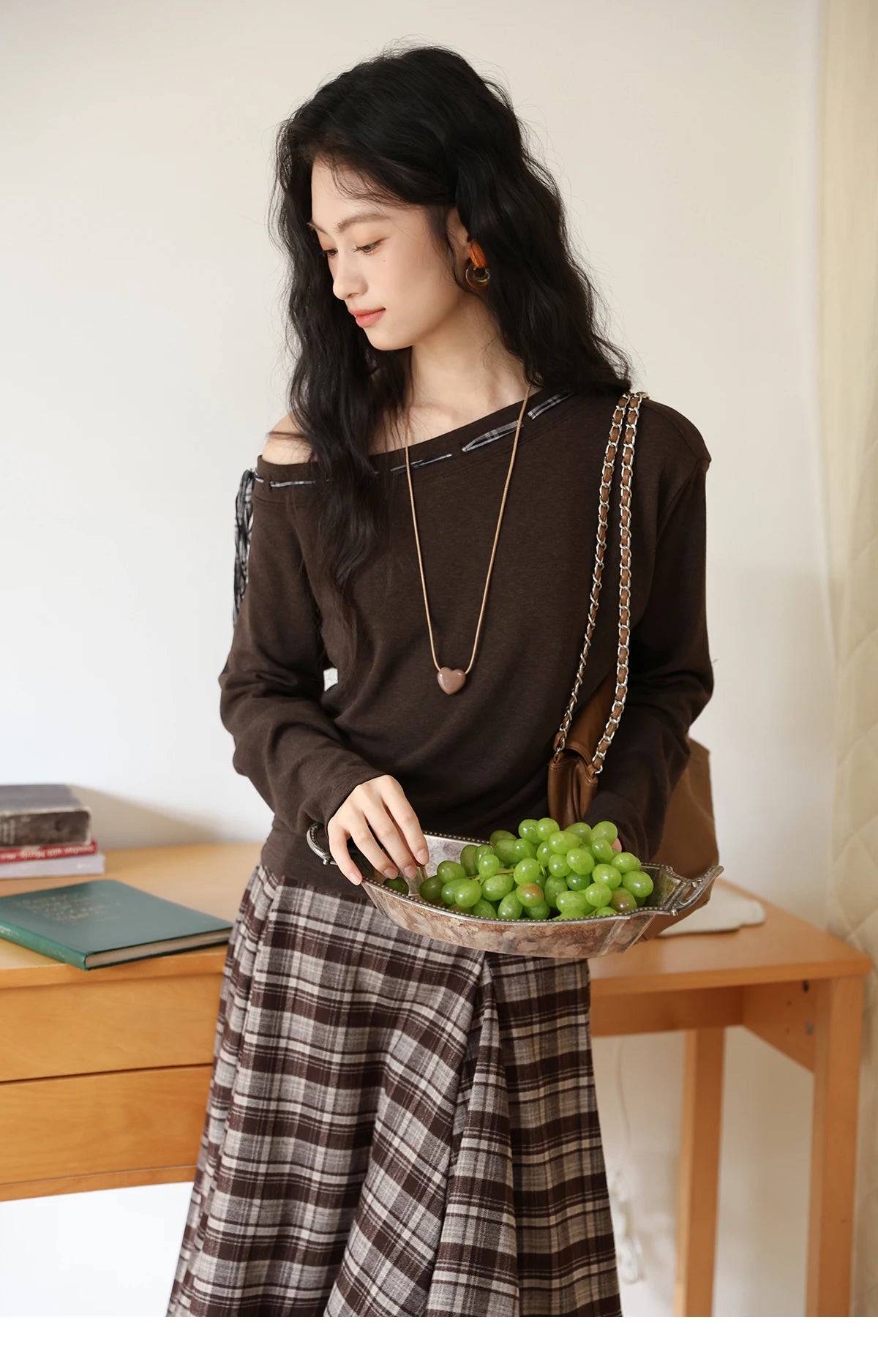 Mishow Slant Shoulder Dark Brown Strap Knit Top MXE45T1402