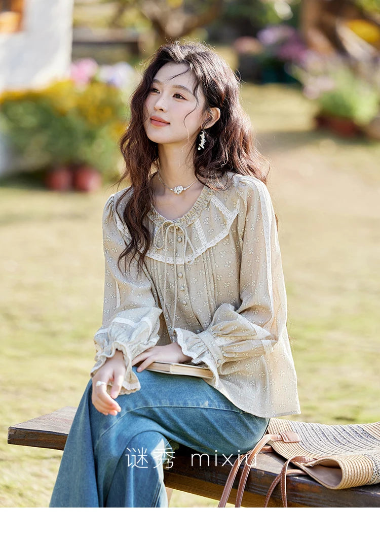 MISHOW Floral Round Neck Shirt Ruffled Collar Petal Sleeve MXE14X1729