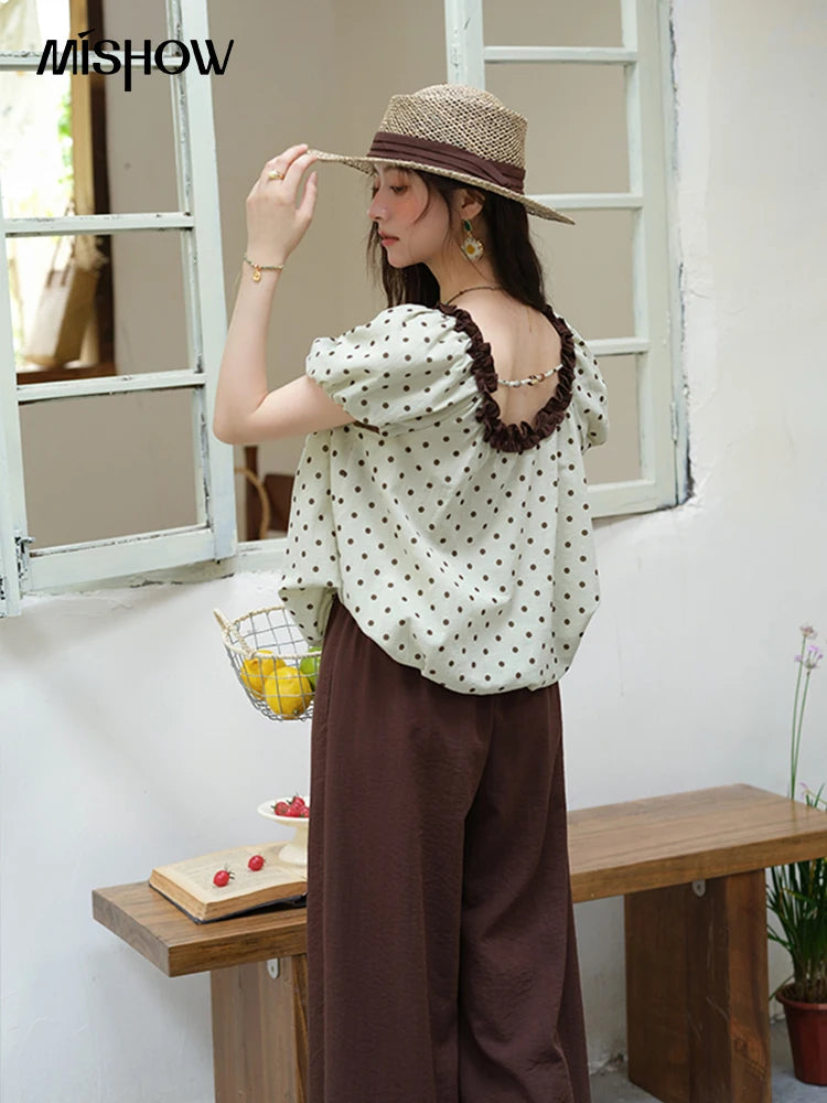 Mishow Polka Dot Puff Sleeve Top & Wide Leg Pants Set MXE39T0657