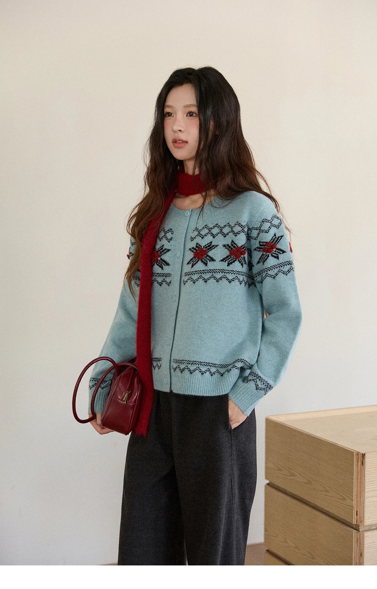 Mishow Blue Geometric Fair Isle Cardigan MXE86Z2734