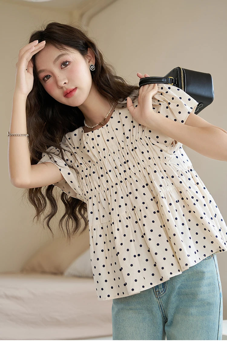 MISHOW Polka Dot Blouse Flying Sleeve O Neck Elastic Folds MXC39X1291