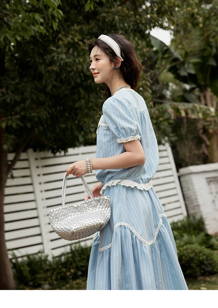 Mishow Blue Stripe V-Neck Top & A-Line Skirt Set MXE31T0531