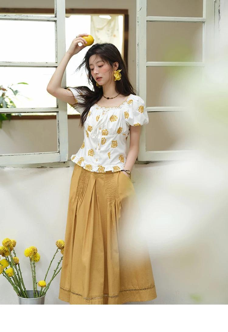 MISHOW Yellow Flower Embroidery Blouse Puff Sleeve Lace Up MXE35X1811