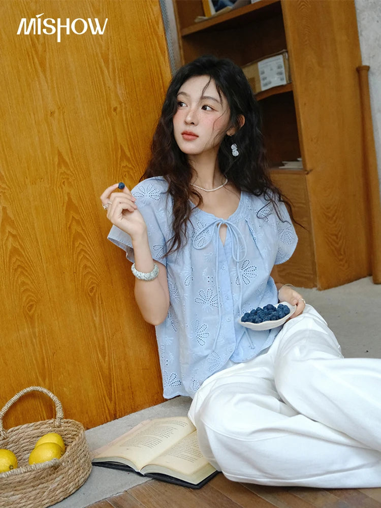 MISHOW Cotton Shirt O-Neck Button Lace Up Hollow Embroidery MXE37X1890