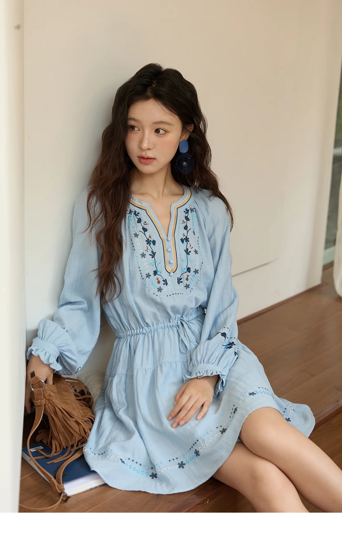 Mishow V-Neck Embroidered Drawstring Bohemian Dress MXE44L2489