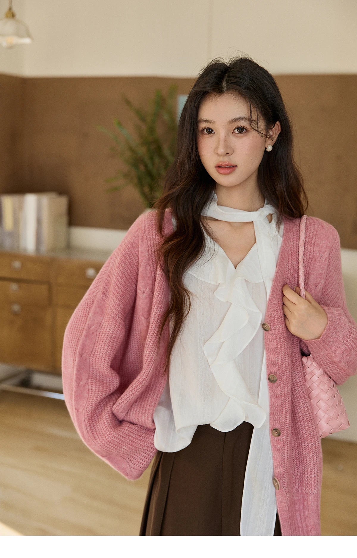 Mishow Dusty Pink V-Neck Knitted Cardigan MXF11Z2898