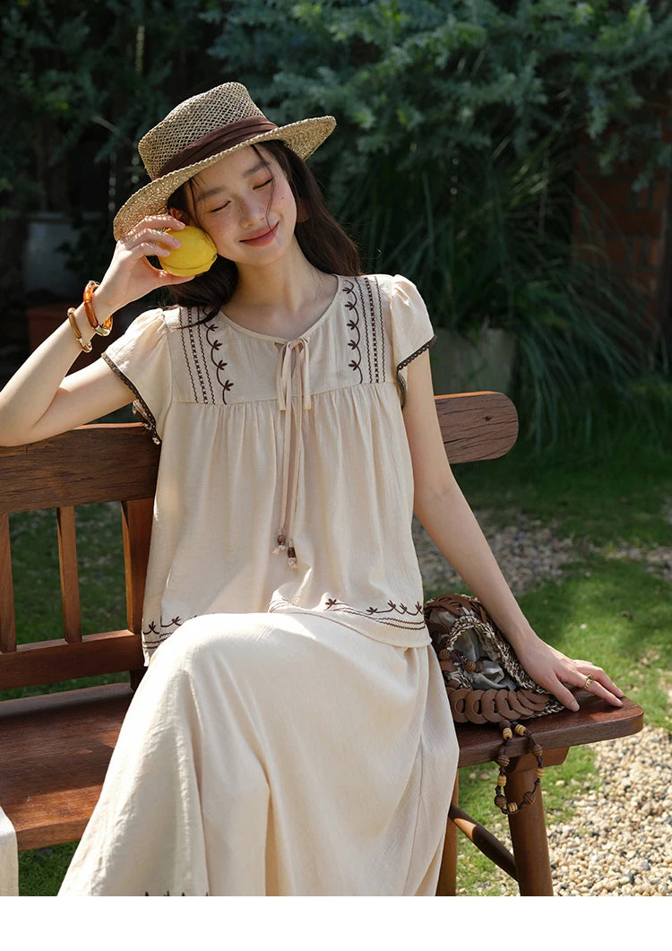 Mishow Embroidery Flying Sleeve Top & Elastic Waist Skirt Set MXE39T0667