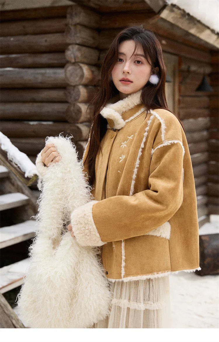 MISHOW Floral Embroidered Fur Jacket Plush Lapel Zipper MXE87W0918