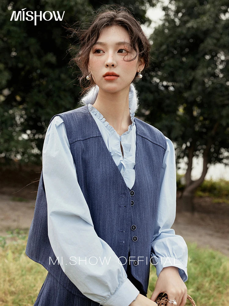 Mishow V-Neck Vest Coat & Pleated A-Line Skirt Set MXE31T0505