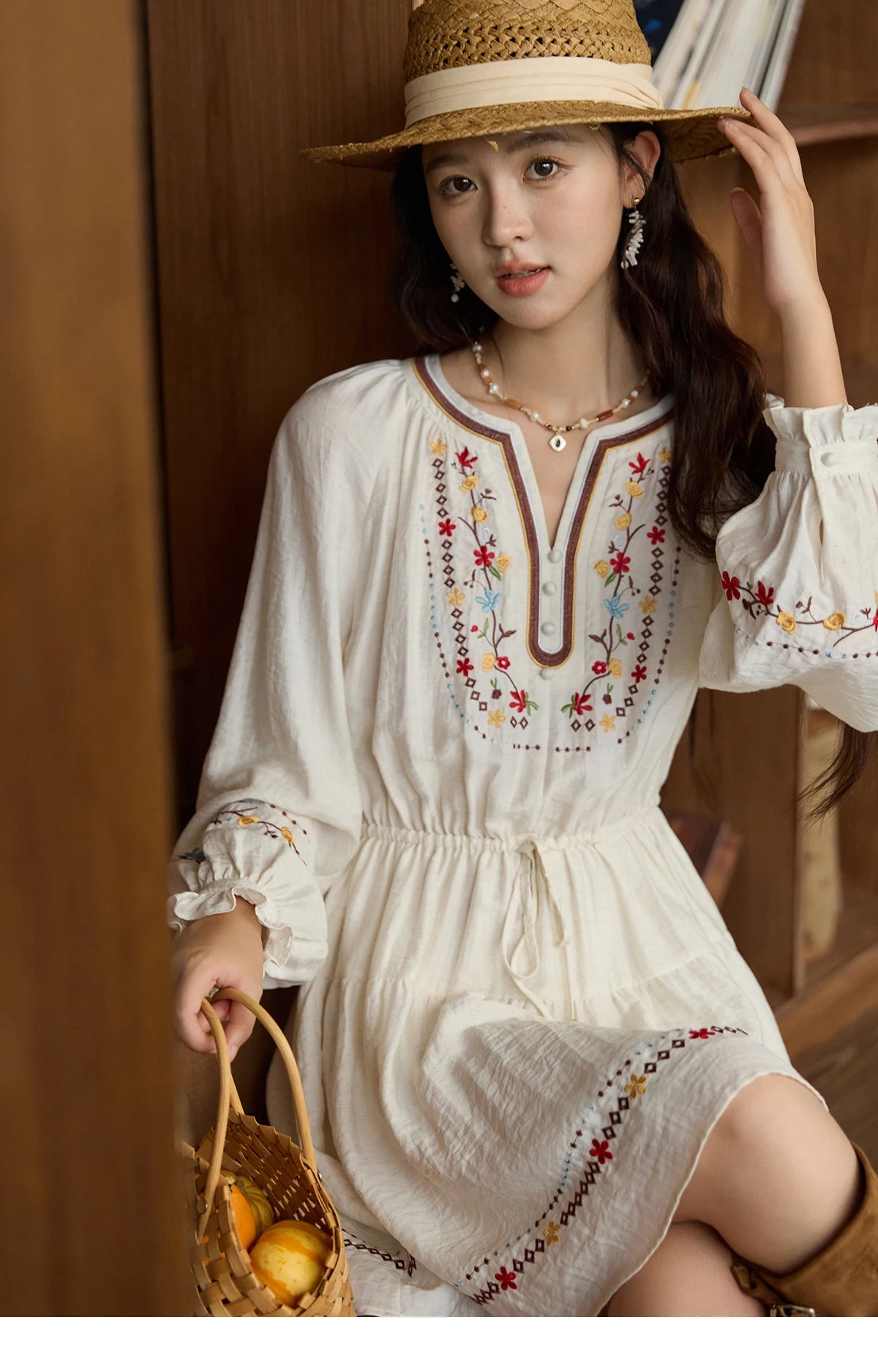 Mishow V-Neck Embroidered Drawstring Bohemian Dress MXE44L2489