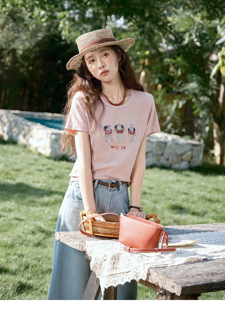 Mishow Little Bear Embroidery Round Neck Tee MXE39T0699