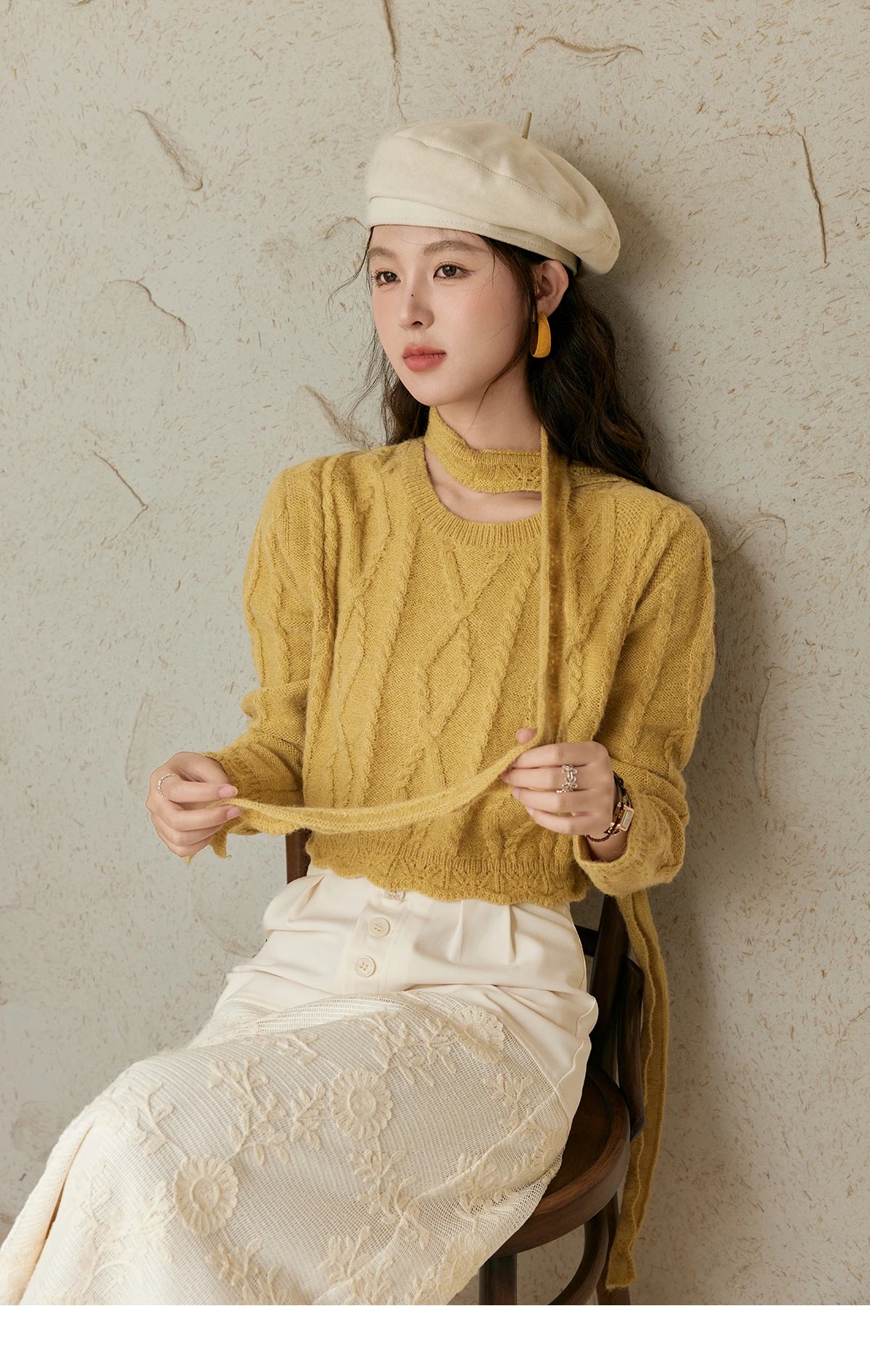 MISHOW Romantic Lace Wave Knit Sweater with Belt MPD42Z0736