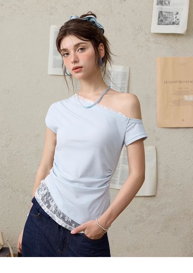 Mishow Skew Collar Off-Shoulder Lace Tee MXE31T0503