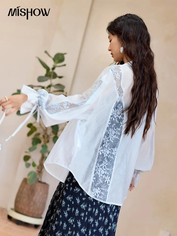 MISHOW Women's Patchwork Lace Shirt Lapel Drop Sleeve Drawstring Cuffs MXE31C0789