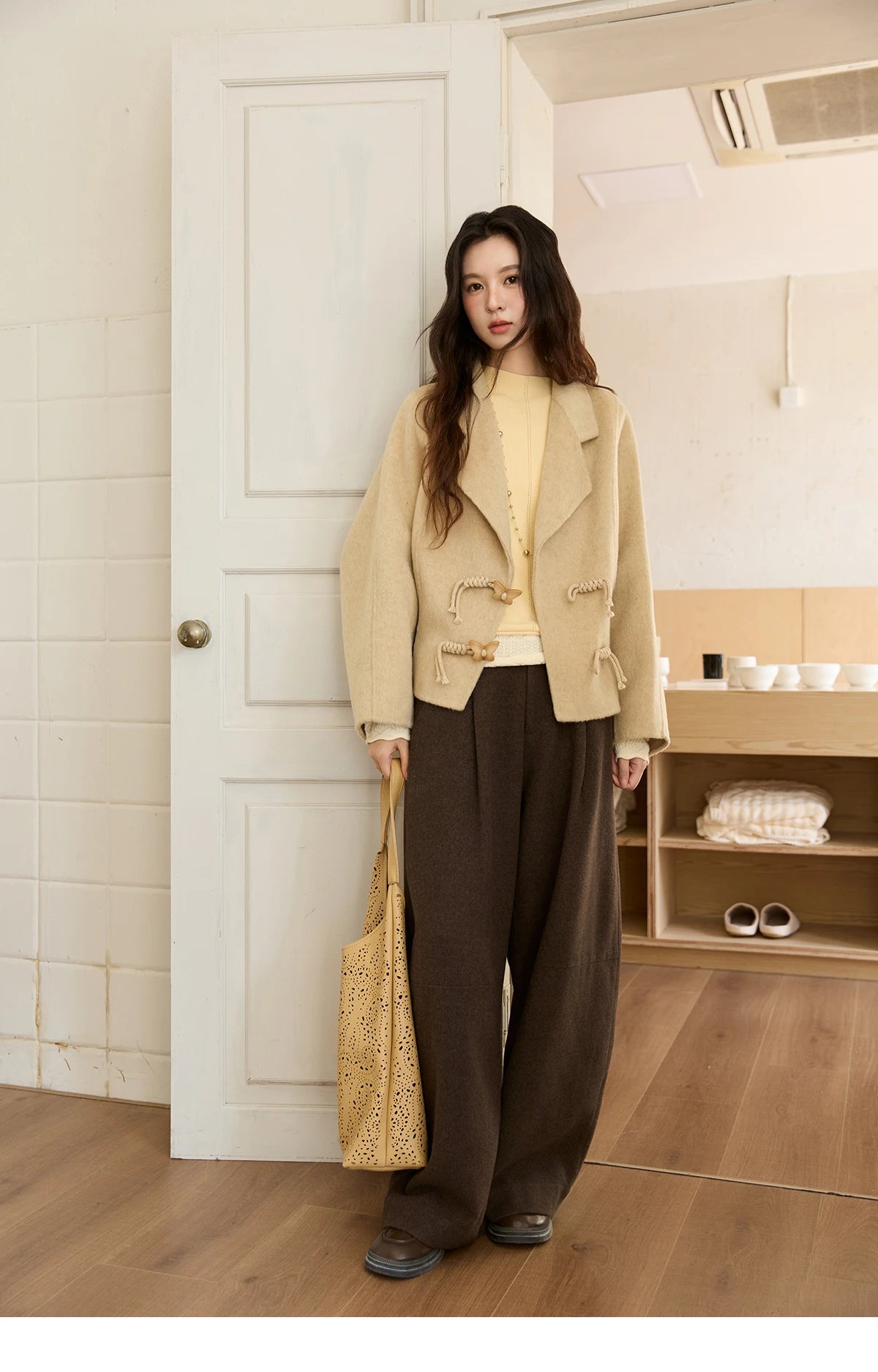 Mishow 100% Wool Retro Apricot Double-Faced Butterfly Button Coat MXE51W0887