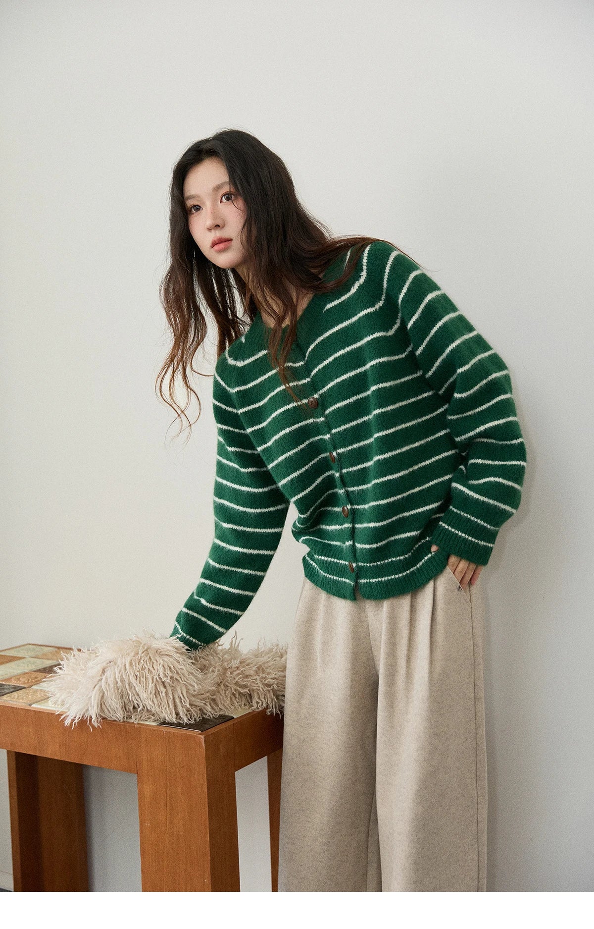 Mishow Green Striped Wool Blend Retro Cardigan MXE86Z2735