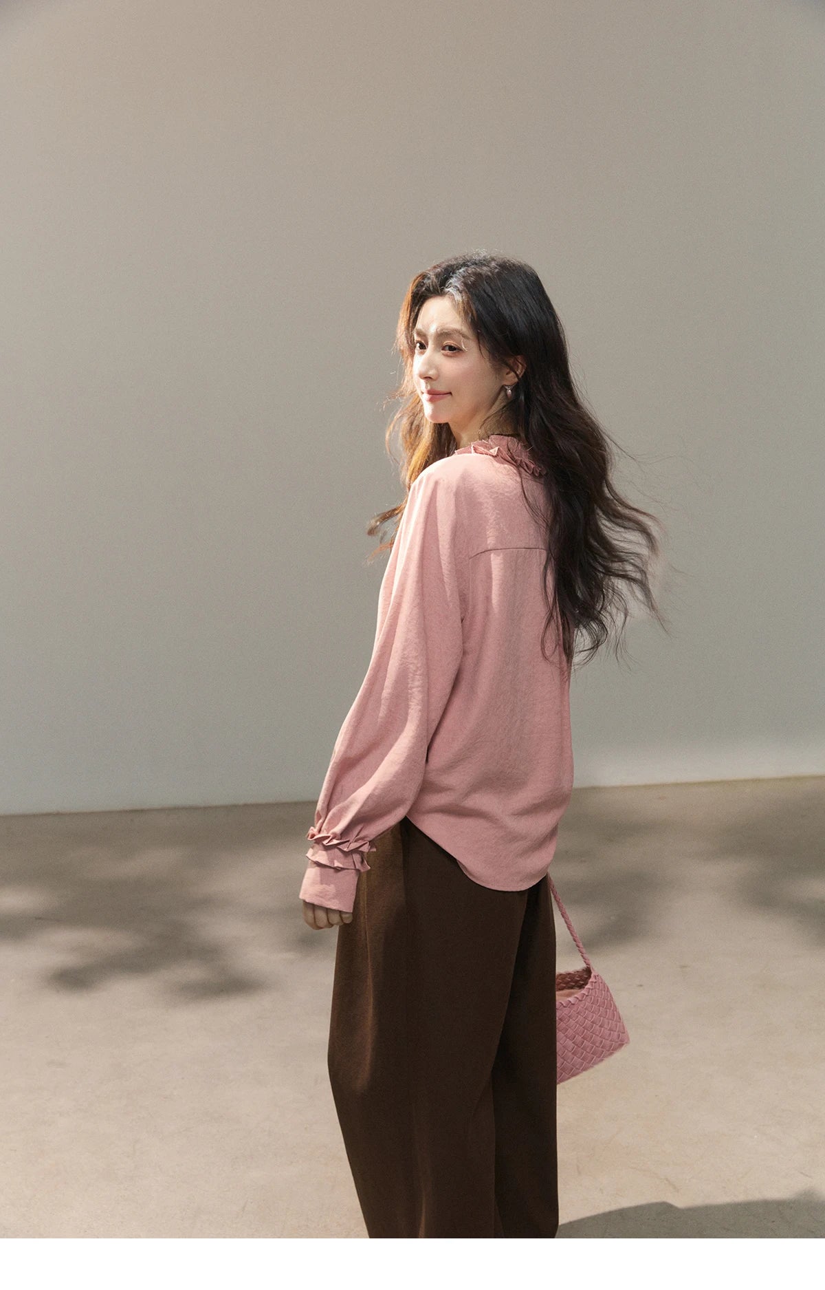 MISHOW Peach Skin Solid Shirt Ruffled Crew Neck MXF11C2431