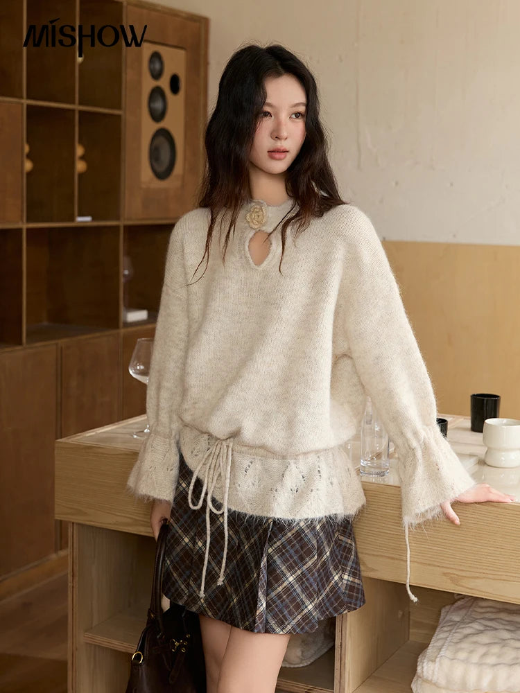 Mishow Apricot Drawstring 3D Flower Hollow Sweater MXE88Z2709