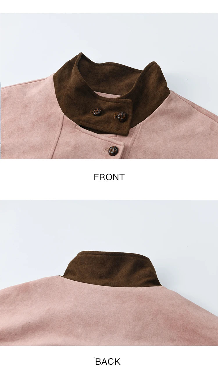 MISHOW Pink Coffee Suede Jacket Stand Collar Contrast Color MXE48W0851